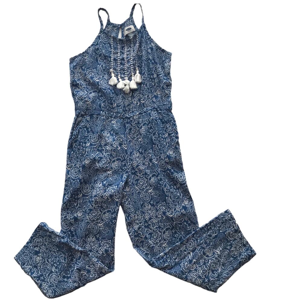 Girls Floral Jumpsuit Size M 8 Old Navy Blue White Tassel Boho Spaghetti Straps